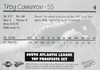 1998 Multi-Ad South Atlantic League Top Prospects #4 Troy Cameron Back