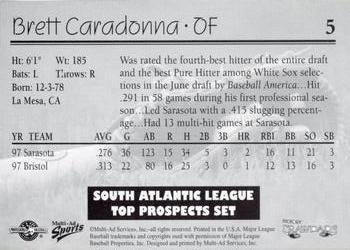 1998 Multi-Ad South Atlantic League Top Prospects #5 Brett Caradonna Back
