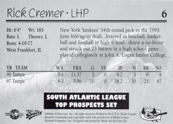 1998 Multi-Ad South Atlantic League Top Prospects #6 Rick Cremer Back