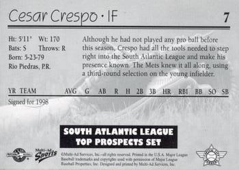 1998 Multi-Ad South Atlantic League Top Prospects #7 Cesar Crespo Back