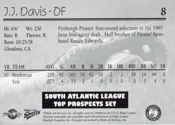 1998 Multi-Ad South Atlantic League Top Prospects #8 J.J. Davis Back
