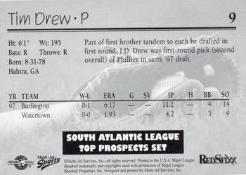 1998 Multi-Ad South Atlantic League Top Prospects #9 Tim Drew Back