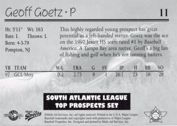 1998 Multi-Ad South Atlantic League Top Prospects #11 Geoff Goetz Back