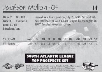 1998 Multi-Ad South Atlantic League Top Prospects #14 Jackson Melian Back
