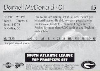 1998 Multi-Ad South Atlantic League Top Prospects #15 Darnell McDonald Back