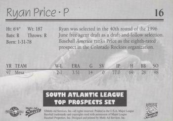 1998 Multi-Ad South Atlantic League Top Prospects #16 Ryan Price Back