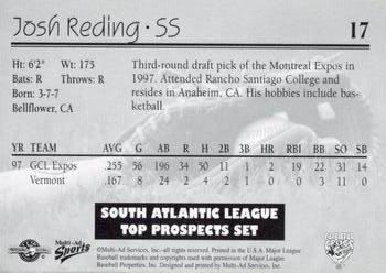 1998 Multi-Ad South Atlantic League Top Prospects #17 Josh Reding Back