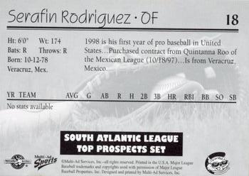 1998 Multi-Ad South Atlantic League Top Prospects #18 Serafin Rodriguez Back
