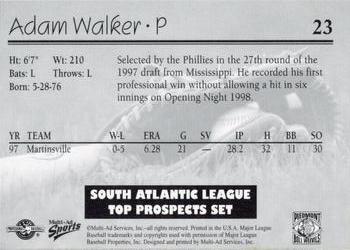 1998 Multi-Ad South Atlantic League Top Prospects #23 Adam Walker Back