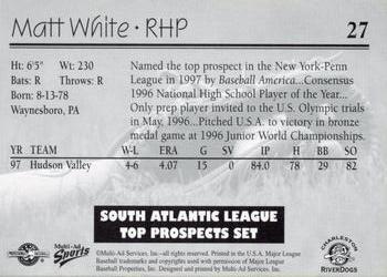 1998 Multi-Ad South Atlantic League Top Prospects #27 Matt White Back
