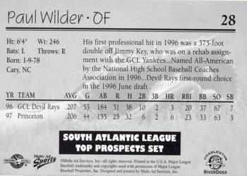 1998 Multi-Ad South Atlantic League Top Prospects #28 Paul Wilder Back