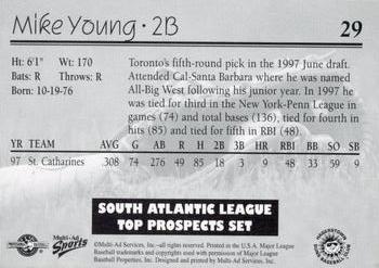 1998 Multi-Ad South Atlantic League Top Prospects #29 Mike Young Back