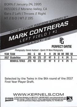 2018 Choice Cedar Rapids Kernels #08 Mark Contreras Back