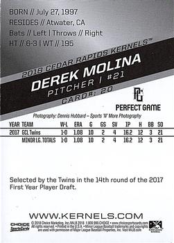 2018 Choice Cedar Rapids Kernels #20 Derek Molina Back