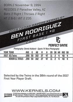 2018 Choice Cedar Rapids Kernels #22 Ben Rodriguez Back