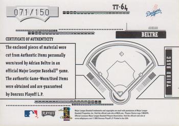 2005 Playoff Absolute Memorabilia - Tools of the Trade Swatch Double #TT-64 Adrian Beltre Back