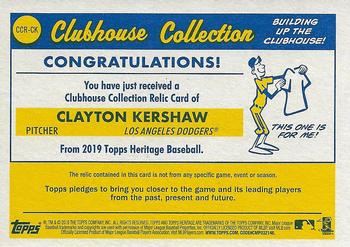 2019 Topps Heritage - Clubhouse Collection Relics #CCR-CK Clayton Kershaw Back