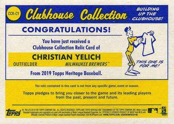 2019 Topps Heritage - Clubhouse Collection Relics Gold #CCR-CY Christian Yelich Back