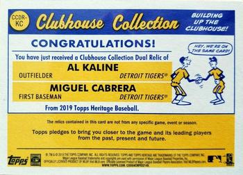 2019 Topps Heritage - Clubhouse Collection Dual Relics #CCDR-KC Al Kaline / Miguel Cabrera Back