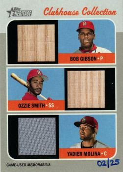 2019 Topps Heritage - Clubhouse Collection Triple Relics #CCTR-GSM Ozzie Smith / Yadier Molina / Bob Gibson Front