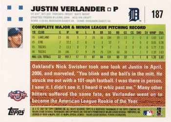2007 Topps Opening Day #187 Justin Verlander Back