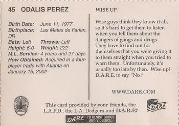 2003 Los Angeles Dodgers Police #NNO Odalis Perez Back