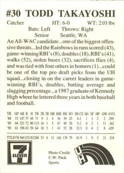 1991 7-Eleven Hawaii Rainbows #NNO Todd Takayoshi Back