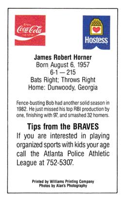 1983 Atlanta Braves Police #NNO Bob Horner Back