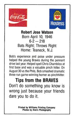 1983 Atlanta Braves Police #NNO Bob Watson Back