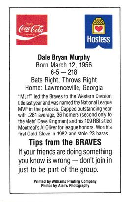 1983 Atlanta Braves Police #NNO Dale Murphy Back