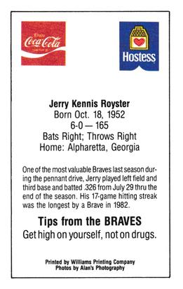 1983 Atlanta Braves Police #NNO Jerry Royster Back