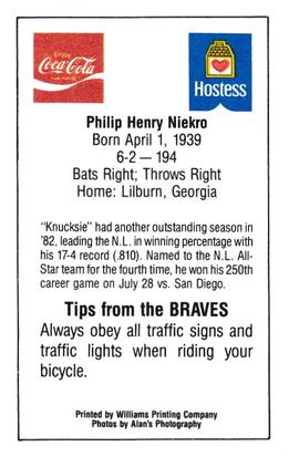 1983 Atlanta Braves Police #NNO Phil Niekro Back