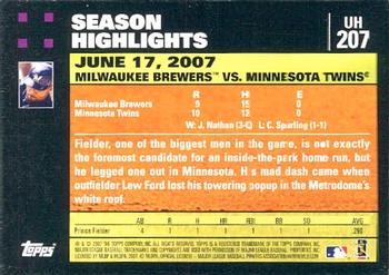 2007 Topps Updates & Highlights #UH207 Prince Fielder Back