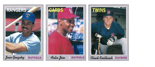 1992 Baseball Cards Magazine '70 Topps Replicas - Panels #22-24 Juan Gonzalez / Felix Jose / Chuck Knoblauch Front
