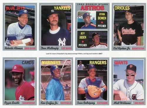 1992 Baseball Cards Magazine '70 Topps Replicas #31-38 Roberto Alomar / Don Mattingly / Ryan Bowen / Jeff Juden / Cal Ripken Jr. / Ozzie Smith / Ken Griffey Jr. / Ivan Rodriguez / Matt Williams Front