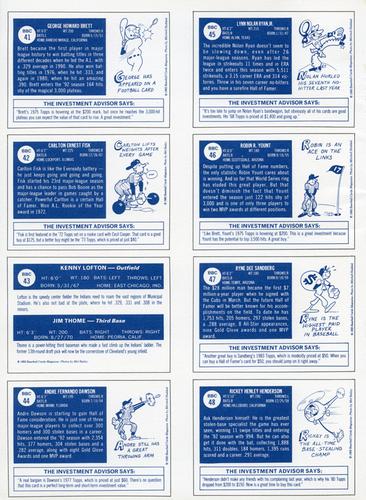 1992 Baseball Cards Magazine '70 Topps Replicas - Panels #41-48 George Brett / Carlton Fisk / Kenny Lofton / Jim Thome / Andre Dawson / Nolan Ryan / Robin Yount / Ryne Sandberg / Rickey Henderson Back