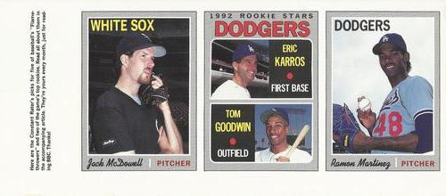 1992 Baseball Cards Magazine '70 Topps Replicas - Panels #13-15 Jack McDowell / Eric Karros / Tom Goodwin / Ramon Martinez Front
