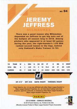 2019 Donruss - Holo Orange #94 Jeremy Jeffress Back