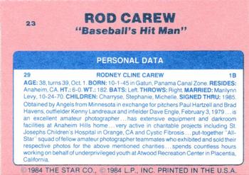 1986 Star Rod Carew - Separated #23 Rod Carew Back