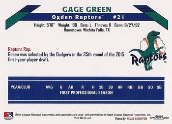 2015 Grandstand Ogden Raptors #NNO Gage Green Back
