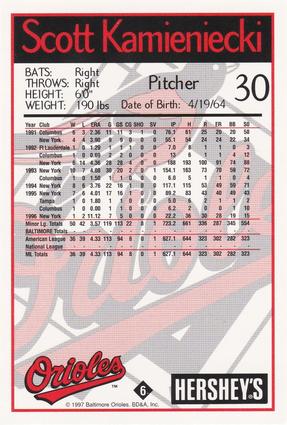 1997 Hershey's Baltimore Orioles #6 Scott Kamieniecki Back
