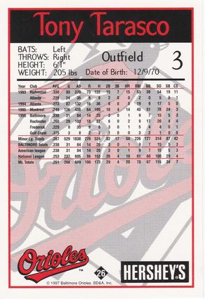1997 Hershey's Baltimore Orioles #26 Tony Tarasco Back