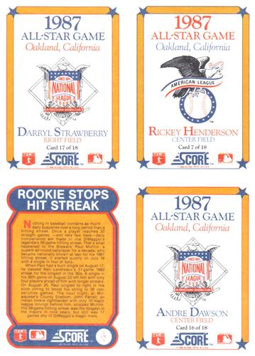 1988 Score - Wax Box Bottom Panels #7 / 17 / 16 / T6 Rickey Henderson / Darryl Strawberry / Andre Dawson / County Stadium '87 Back