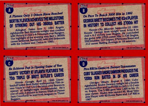1991 Topps - Wax Box Bottom Panels #A / B / C / D Bert Blyleven / George Brett / Brett Butler / Andre Dawson Back