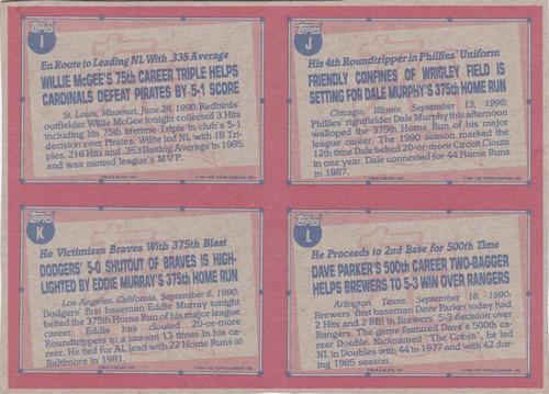 1991 Topps - Wax Box Bottom Panels #I / J / K / L Willie McGee / Dale Murphy / Eddie Murray / Dave Parker Back