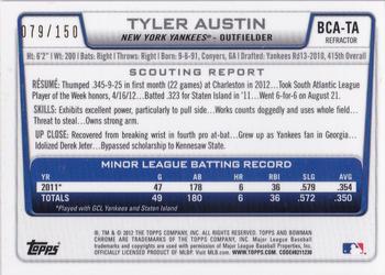 2012 Bowman Chrome - Prospects Autographs Blue Refractor #BCA-TA Tyler Austin Back