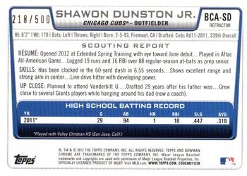 2012 Bowman Chrome - Prospects Autographs Refractor #BCA-SD Shawon Dunston Jr. Back