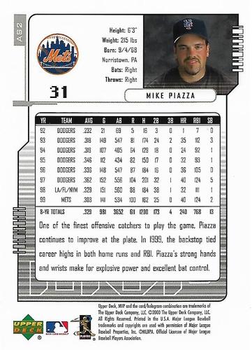 2000 Upper Deck MVP Jumbo All-Stars #AS2 Mike Piazza Back