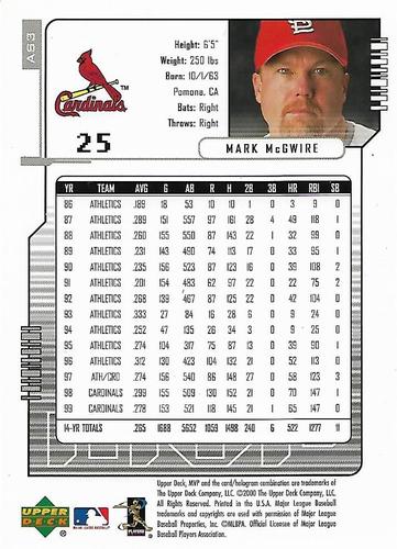 2000 Upper Deck MVP Jumbo All-Stars #AS3 Mark McGwire Back