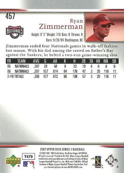 2007 Upper Deck #457 Ryan Zimmerman Back
